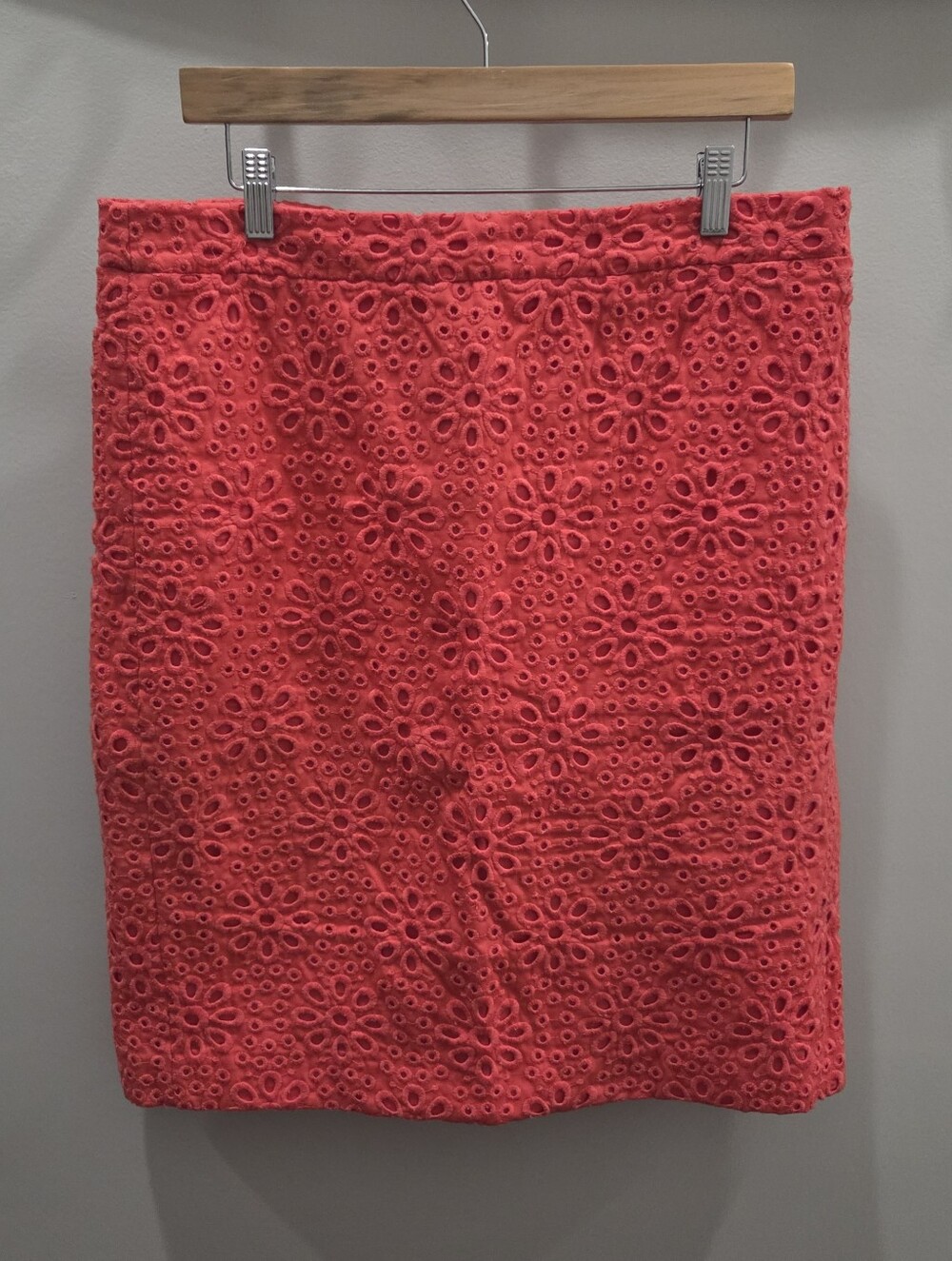 J. Crew Coral-Red Eyelet Pencil Skirt, Size 12